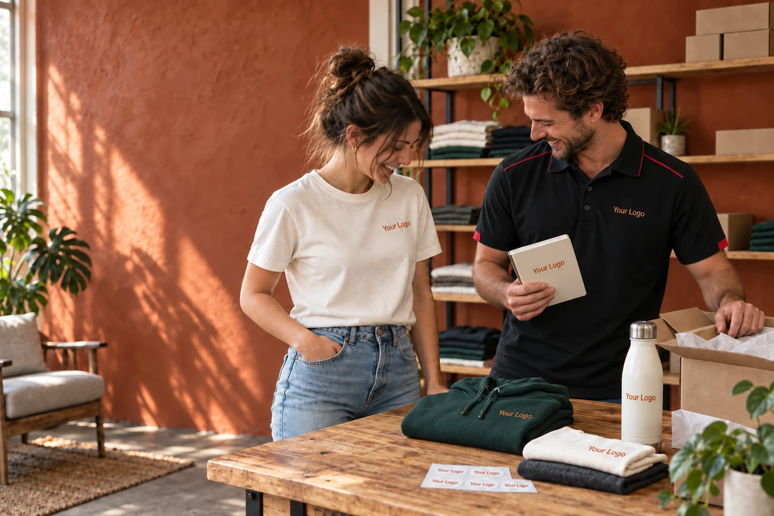 Two happy customers unpacking their custom merch order, with a black-and-red polo, branded apparel, notebook, bottle and stickers